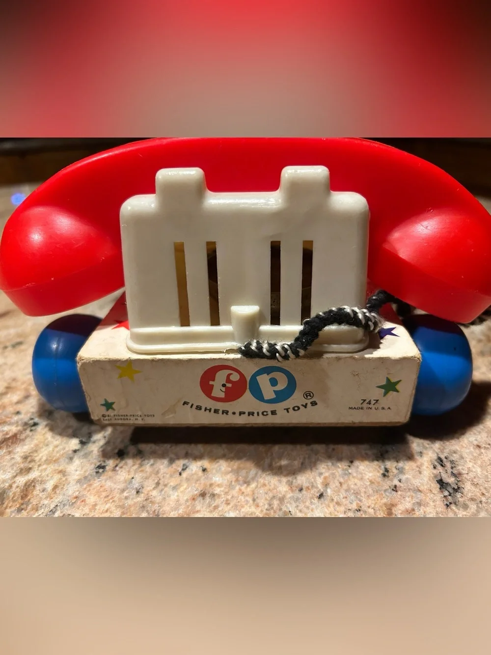Fisher-Price #747 Wooden Rotary Chatter Pull-Along Phone Toy Vintage Eyes Move!